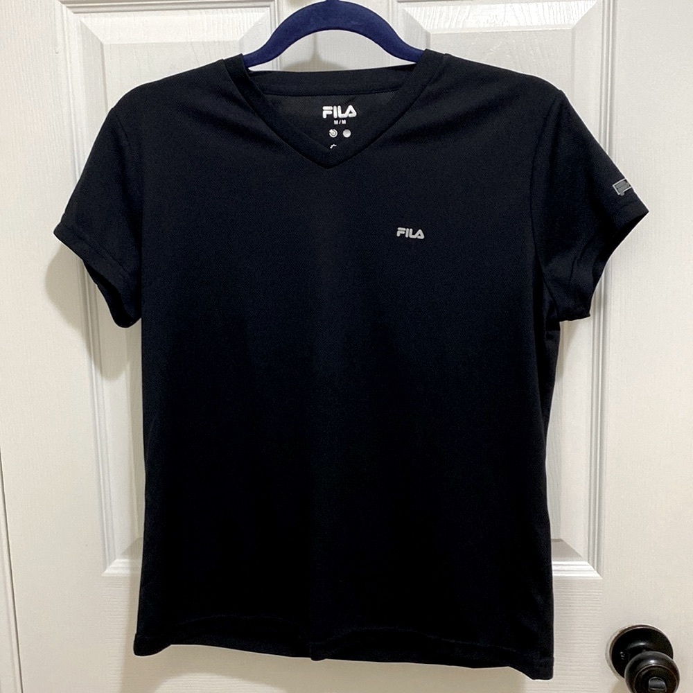 Fila | Woman’s Black V-Neck Short Sleeve Active Wear Shirt - Size Medium